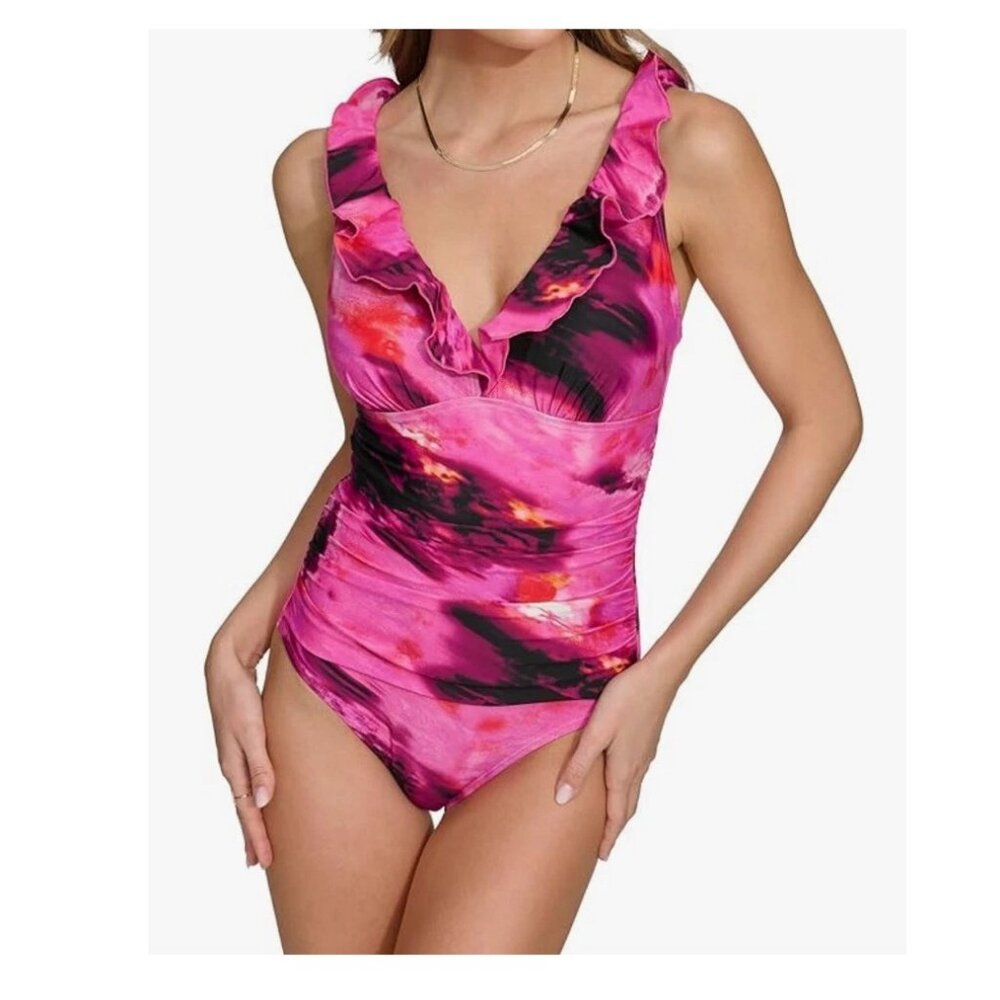 NWT DKNY Women's Ruffle V-Neck One-Piece Swimsuit, Pink Multi, Small